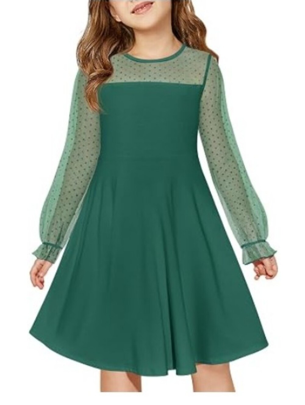 Girls Contrast Mesh Long Sleeve High Waist A Line Short Dress with Pockets Green